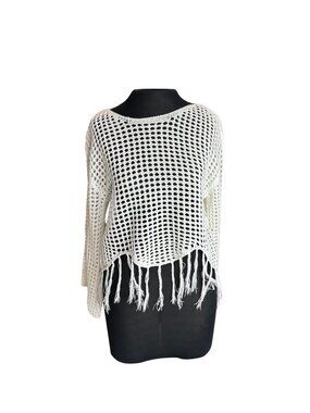 FCT With Love Womens Open Crochet Fringed Sweater Large White